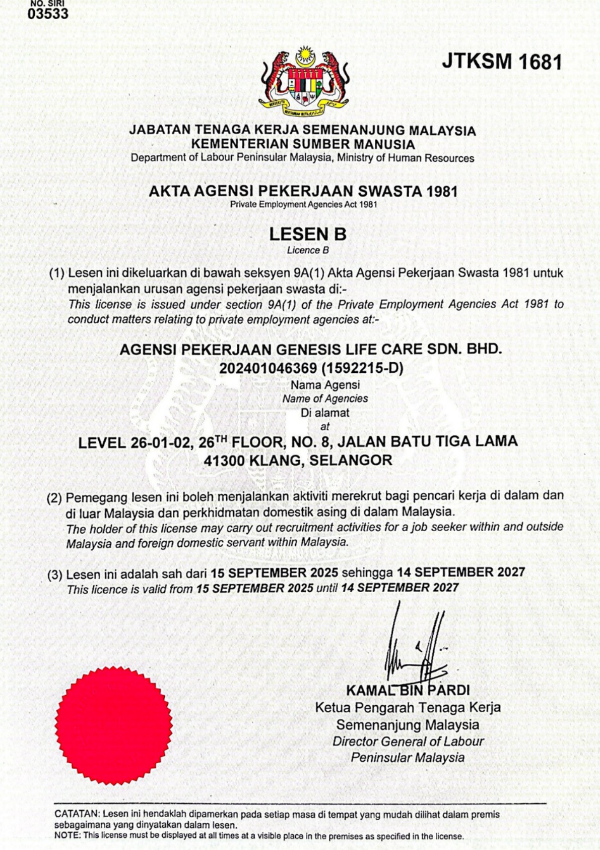 JTKSM Licence B - Agensi Pekerjaan Genesis Life Care Sdn Bhd